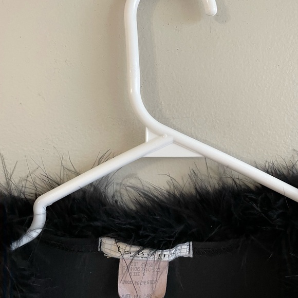 VINTAGE BLACK COVER UP MARABOU FUR TRIM COLLAR TIES LONG SLEEVE LA BELLE - Picture 4 of 12